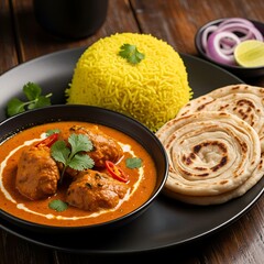 Delicious chicken curry with fluffy rice and paratha bread is served.