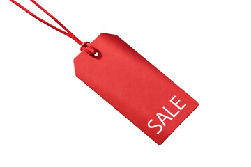Red sale tag with string isolated on transparent background