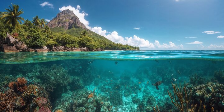 A vibrant tropical shoreline meets clear turquoise water revealing a colorful coral reef below with fish swimming and a lush green island rising toward a rugged mountain under a bright blue sky