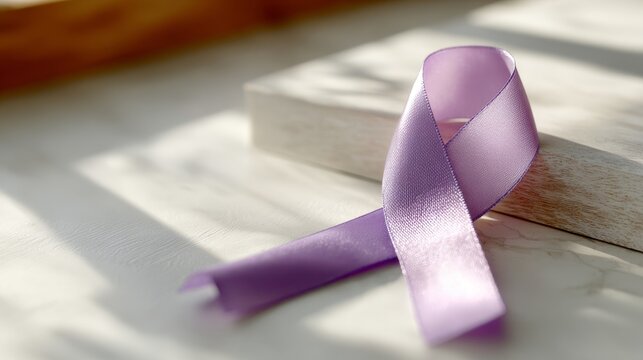 Purple awareness ribbon background symbolizing Epilepsy, Domestic Violence, Alzheimer's, General Cancer Awareness and Pancreatic cancer. Concept of support and hope