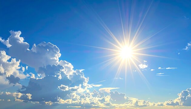 Bright, sunlit sky showcases puffy, white clouds surrounding a radiant sun with a brilliant display of light rays