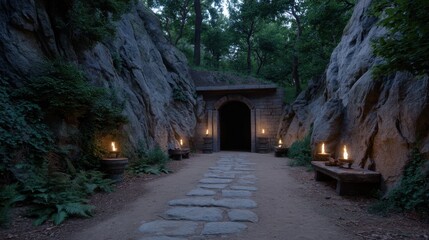 Obraz premium Mysterious Jagged Cave Entrance Illuminated by Torches at Twilight Surrounded by Lush Forest
