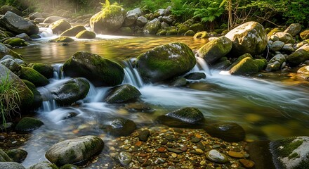 Smooth water flows over mossy rocks in a forest stream.