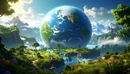 Lush landscape features a large Earth floating amidst mountains, rivers, and greenery, bathed in sunlight with a bright blue sky