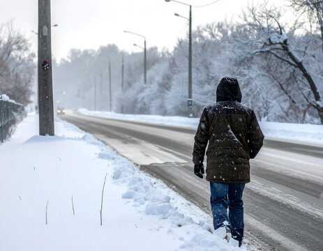 Alone hooded figure walks snowy roadside by icy street amidst trees during winter, back faces camera