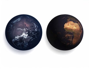 Two earth-like globes, one blue, one brown