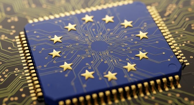 Close-up of a computer chip with the European Union flag design, representing technology.
