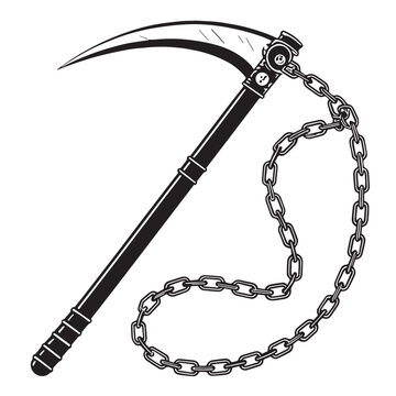 Black kusarigama japan chain and sickle weapon Silhouette Vector, High Quality Illustration on White Background