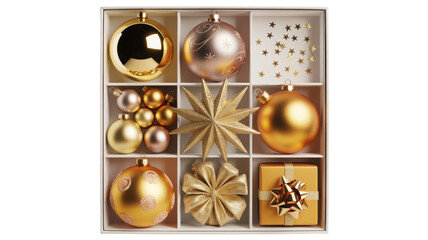 A festive collection of golden and silver christmas ornaments and decorations arranged in a white grid box isolated on transparent background