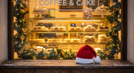 A warmly lit bakery window adorned with Christmas garlands and twinkling lights showcases tempting pastries