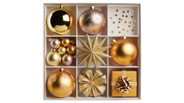 A festive collection of golden and silver christmas ornaments and decorations arranged in a white grid box isolated on transparent background
