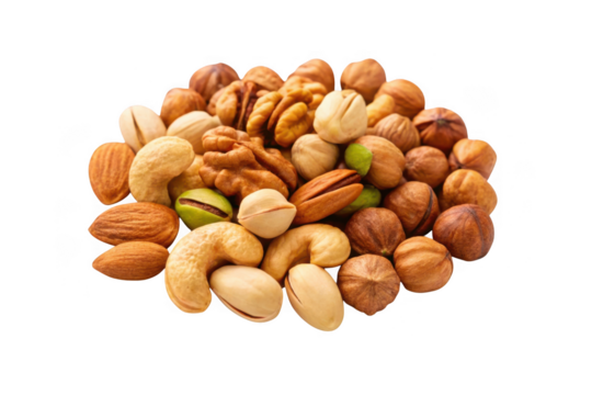 A healthy mix of assorted nuts isolated on transparent background