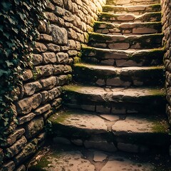 Mossy stone steps ascend between ancient walls overgrown with ivy.