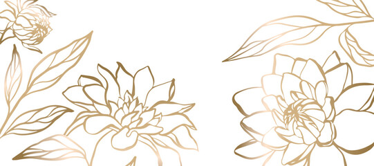 Abstract golden floral outline background. Luxury hand drawn dahlia flowers frame