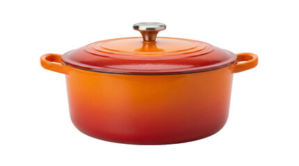 Orange enameled cast iron dutch oven with lid isolated PNG, cooking pot for soups and stews on transparent background