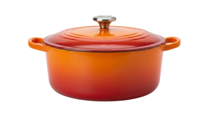Orange enameled cast iron dutch oven with lid isolated PNG, cooking pot for soups and stews on transparent background