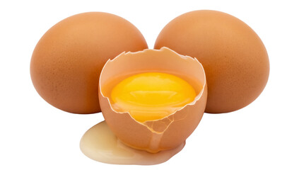 Three brown eggs, one cracked open with yolk, isolated PNG, healthy breakfast ingredient for cooking and baking on transparent background