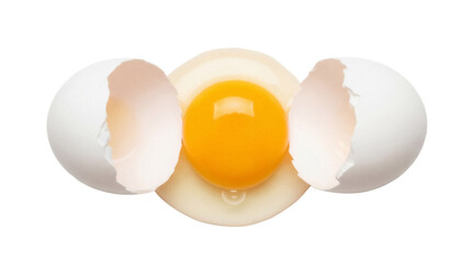Cracked egg with yolk isolated PNG on transparent background, broken shell halves with raw egg for cooking and baking