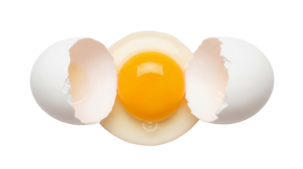 Cracked egg with yolk isolated PNG on transparent background, broken shell halves with raw egg for cooking and baking