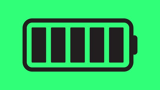 Illustration of a fully charged battery icon with all bars filled on a solid green screen background.