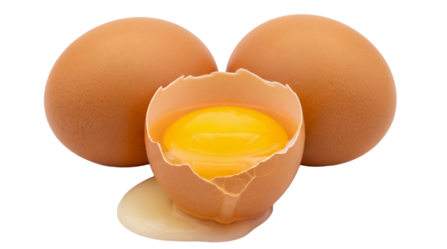 Three brown eggs, one cracked open with yolk, isolated PNG, healthy breakfast ingredient for cooking and baking on transparent background