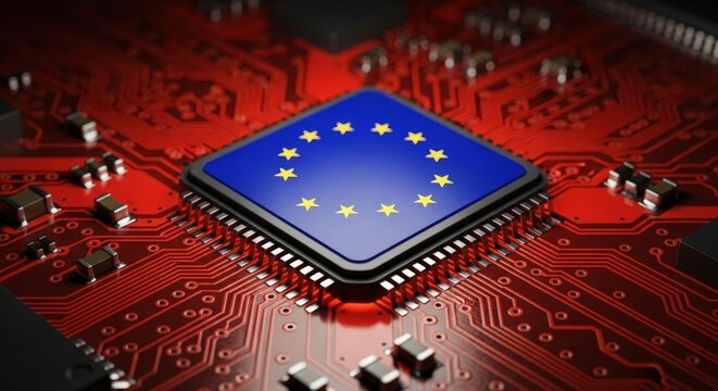 Close-up of a computer chip with the European Union flag, representing technological advancement. - Powered by Adobe