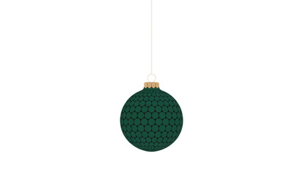 A single dark green textured oval shaped christmas ornament hanging from a thin black string isolated on transparent background