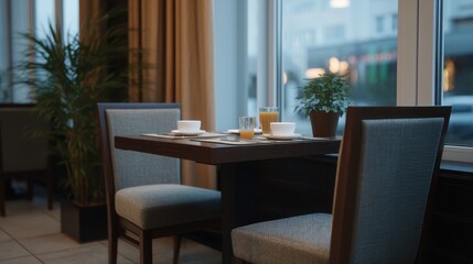 Fototapeta premium Lonely Table with Untouched Breakfast Set in Hotel Dining Area by Window