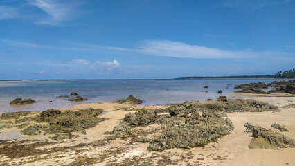 Blue waves roll softly against Paraíso Beach, shaded by palm trees on Boipeba Island, Bahia, Brazil.