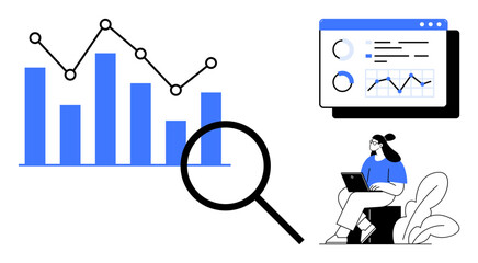 Data analytics concept. Analytics tools for visualizing data with charts, graphs, and insights. Data supports business growth and decision-making. For business, technology, education, finance
