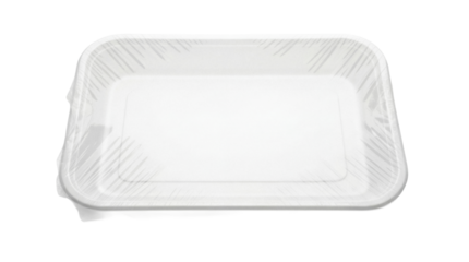 Empty clear plastic food container isolated PNG, disposable tray for take away meal on transparent background, catering supply