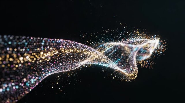 Vibrant animated sequences of shimmering light trails moving dynamically across a dark cosmic background, emphasizing motion and glowing energy flows.