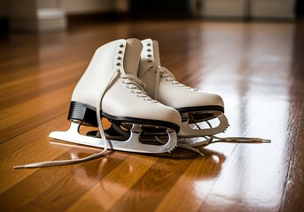 White ice skates rest on a polished wooden floor, ready for winter sport.