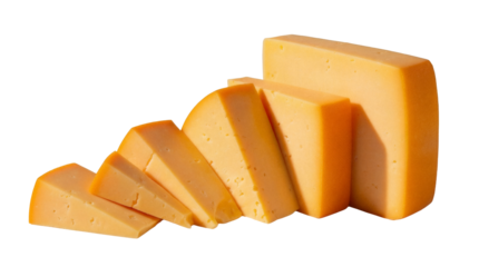 Delicious cheddar cheese slices isolated PNG, sharp orange dairy product on transparent background for food photography and culinary design
