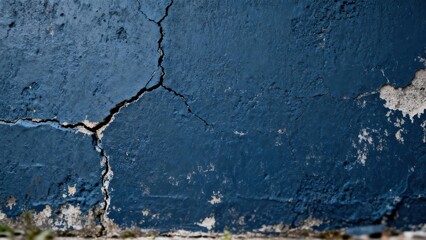 Obraz premium Deep blue painted wall surface shows significant age with deep structural fissures and peeling texture