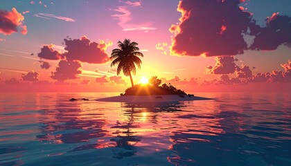 Serene tropical island sunset with vibrant colors reflecting on calm ocean waters