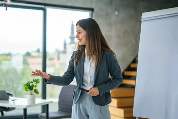 Fotobehang Muziek Businesswoman talking during corporate presentation in modern office  © Miljan Živković