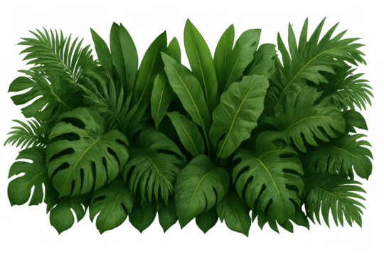 Tropical green foliage growing, lush jungle leaves with monstera, palm, and broadleaf plants, transparent background