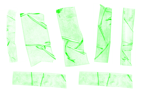 Set of Torn Pieces of Green Sticky Tape on Transparent Background