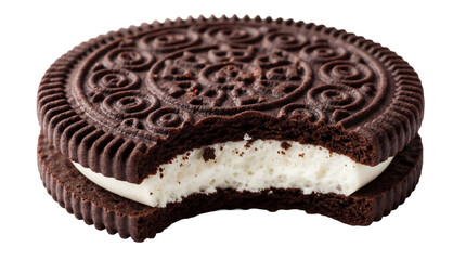 Chocolate sandwich cookie with cream filling isolated PNG, sweet treat with a bite taken out on transparent background