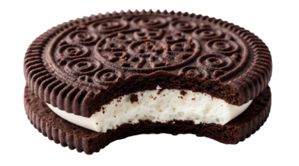 Chocolate sandwich cookie with cream filling isolated PNG, sweet treat with a bite taken out on transparent background