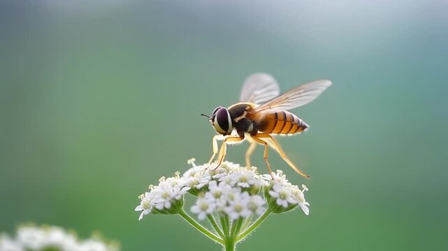 Macro slow motion video of a hoverfly landing on a white flower.