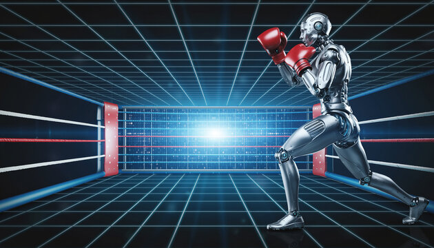 Robot Boxer in the Ring: A chrome robot, adorned with boxing gloves, stands ready in a futuristic boxing ring, embodying the fusion of technology and sport.