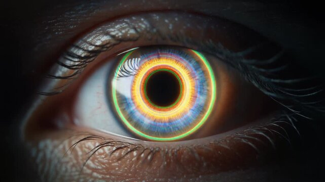 The piercing gaze of a futuristic AI, a bionic eye with glowing rings of light symbolizing advanced technology and digital vision