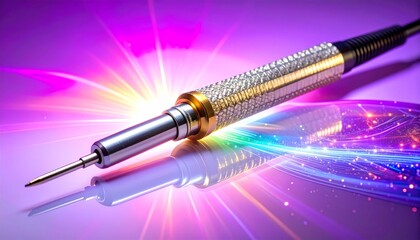 Naklejka premium Beautiful design of a precision tool sits on a reflective surface with colorful light effects