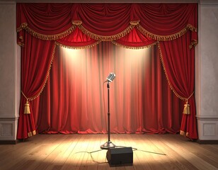 A vintage microphone stands center-stage under a spotlight, against red velvet curtains and a wooden floor