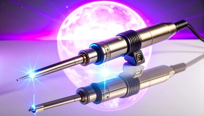 Brightly lit welding tool with glowing tips against a vibrant backdrop during nighttime