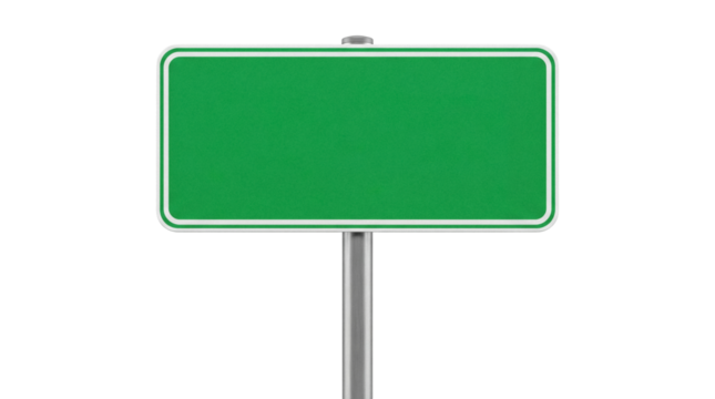 Green road sign isolated PNG on transparent background, blank traffic signage for direction and information