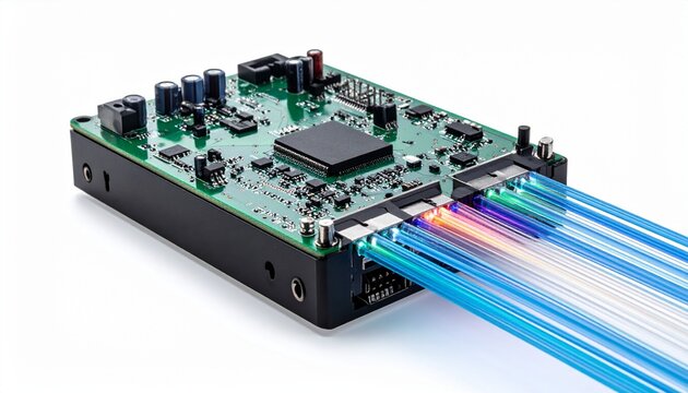 Circuit board with optical fibers showcasing innovative technology in electronics and communications - Powered by Adobe