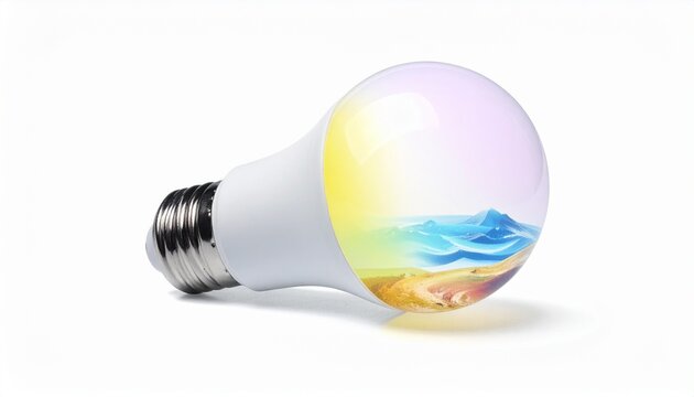 Creative light bulb design with colorful beach scene presented in modern style